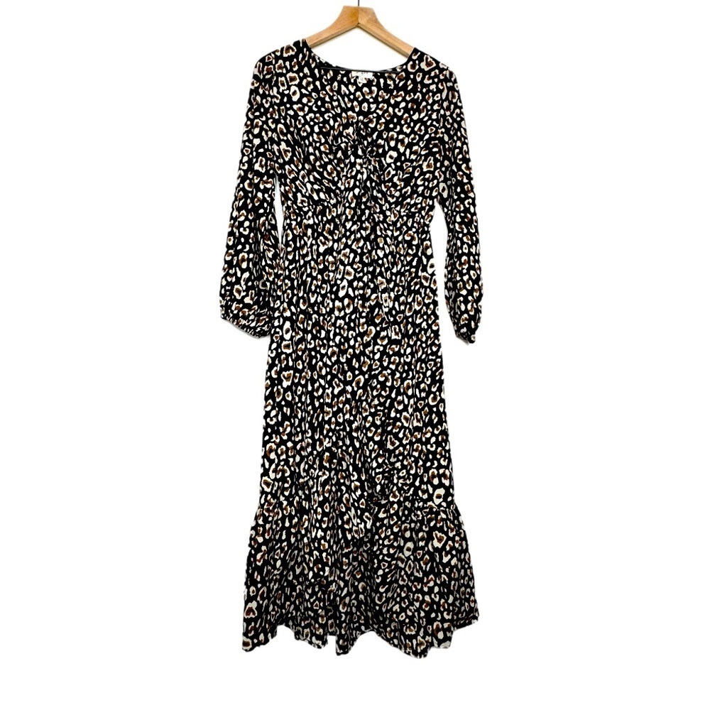 Umgee Animal Print Tie Front Ruffle Trim Hi Low Midi Dress Size S